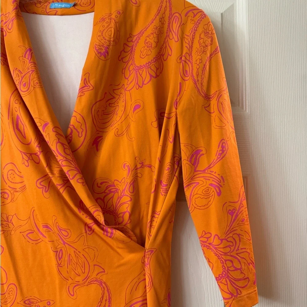 J. McLaughlin Orange and Pink Sheath Dress with Faux Wrap Neckline Medium M - Picture 4 of 6